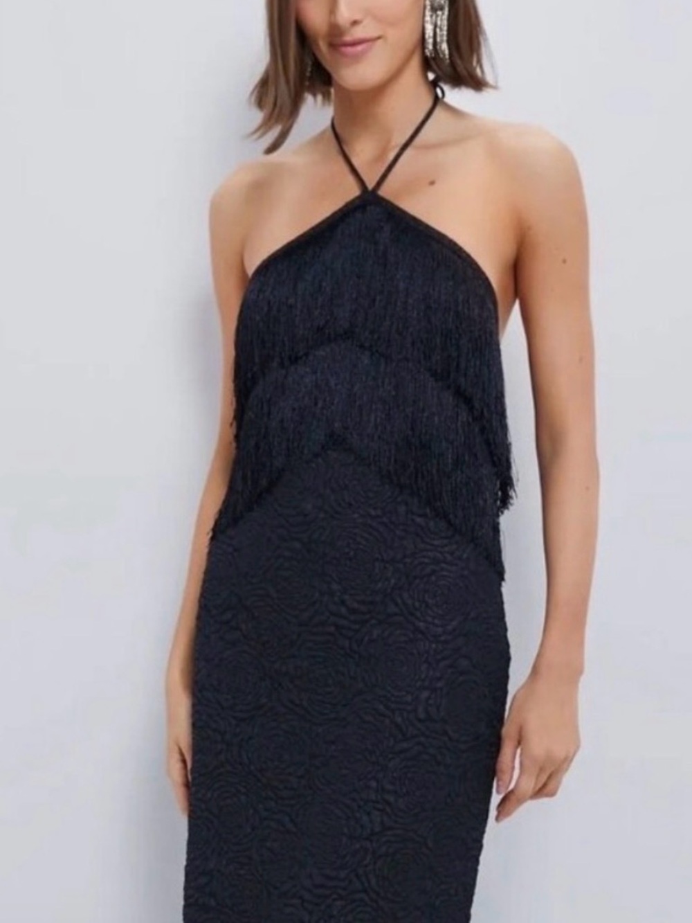 Hyacinth House Tuckernuck Nadia Fringe Halter Rose Jacquard Midi Dress XS Black